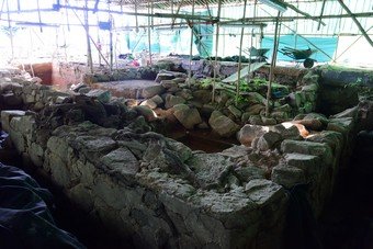 Overall view of watchtower remains at the northeast corner of the Nga Tsin Wai village