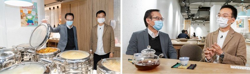 市建局行政总监韦志成到访嘉咸街项目内一间经营素食自助餐的食肆（图左），并与负责人James交流（图右），了解商户在疫情下的经营困难。